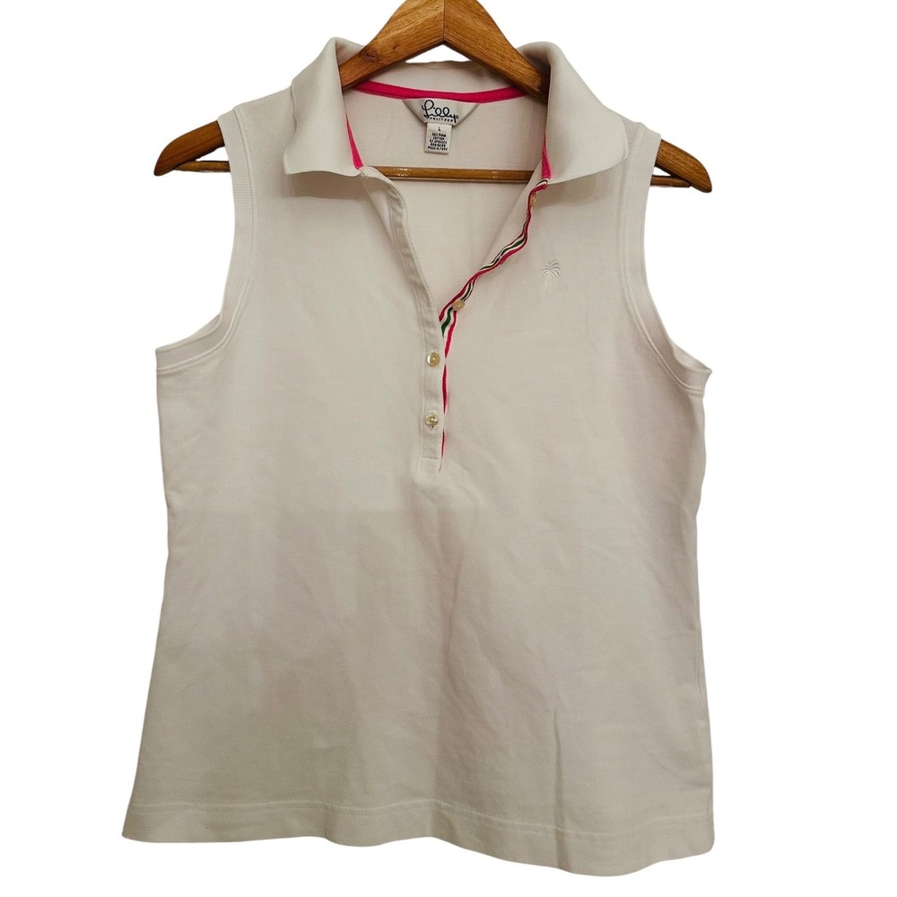 Lilly Pulitzer Womens Sleeveless Pima Cotton Polo Shirt White L Tennis Golf‎ Vtg